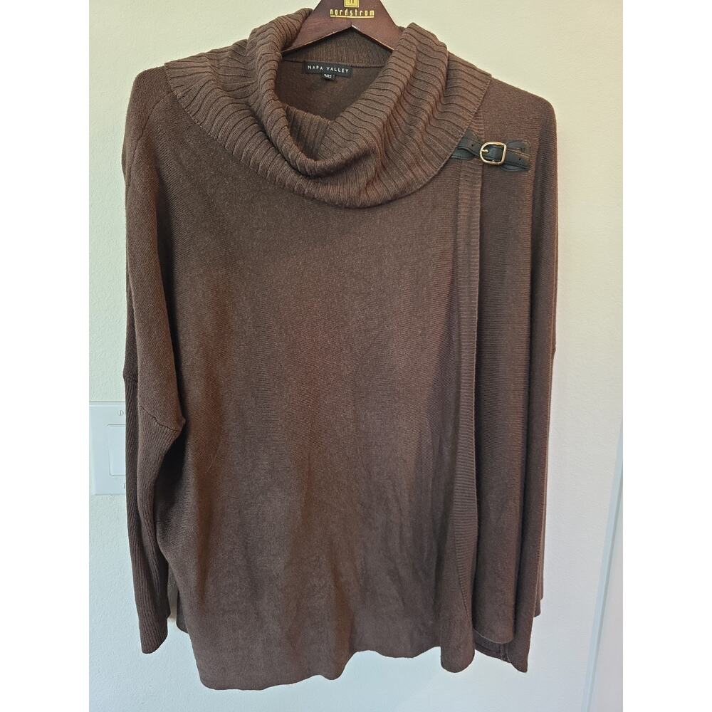 Napa Valley Brown Cowl Neck Buckle Wrap Sweater S/M Chocolate Knit Pullover - Picture 2 of 9